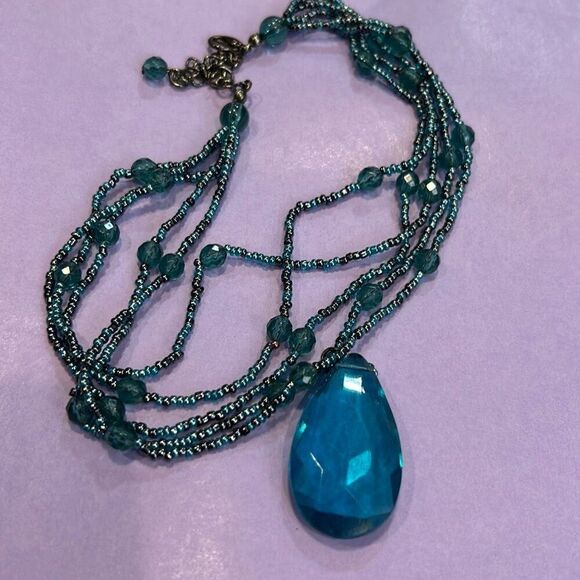 #1 Deep aqua blue acrylic beads with accenting seed beads, 15 inch choker neckla - Picture 2 of 5